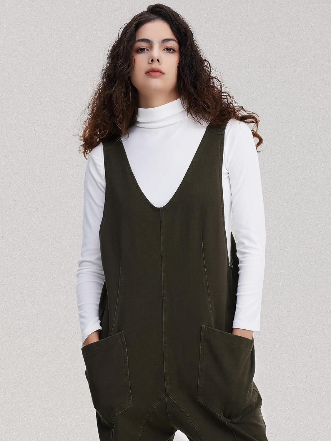 imageEXLURA Womens Summer High Roller Denim Bib Jumpsuits Casual Loose Overalls Baggy Jeans Romper with Pockets 2025 OutfitsOliver Green