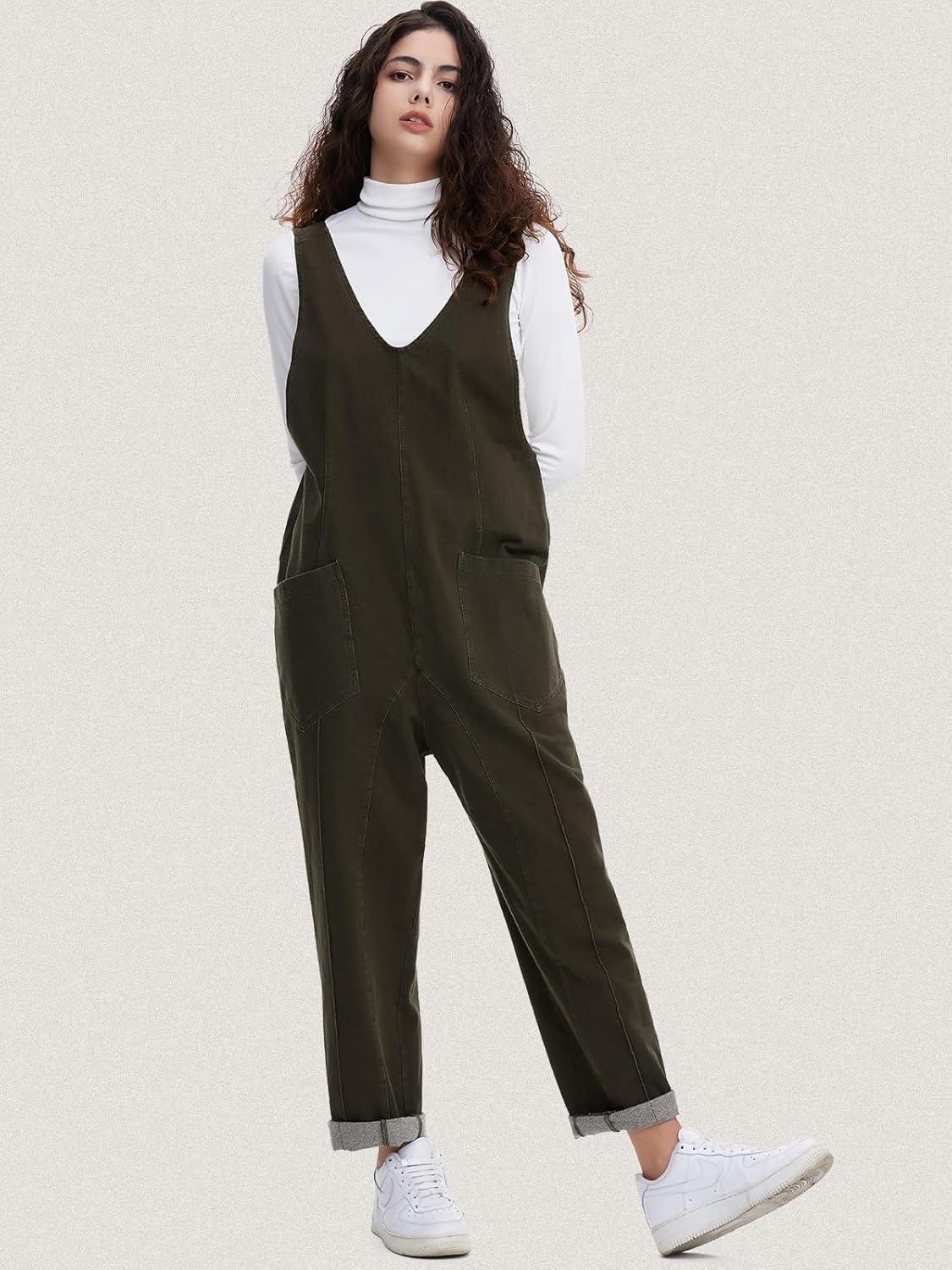 imageEXLURA Womens Summer High Roller Denim Bib Jumpsuits Casual Loose Overalls Baggy Jeans Romper with Pockets 2025 OutfitsOliver Green