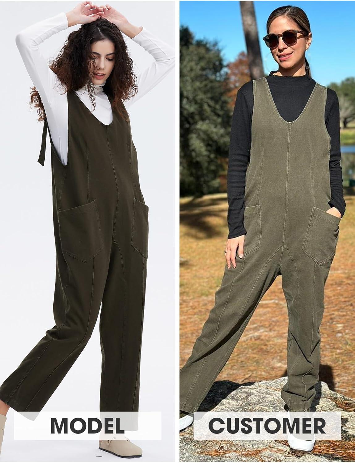 imageEXLURA Womens Summer High Roller Denim Bib Jumpsuits Casual Loose Overalls Baggy Jeans Romper with Pockets 2025 OutfitsOliver Green