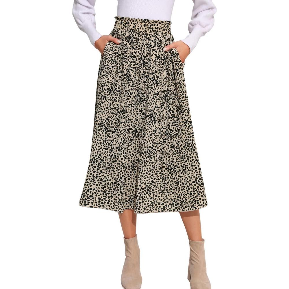 imageEXLURA Womens High Waist Polka Dot Pleated Maxi Skirt Midi Swing Skirt Beach Vacation Cruise Outfits with PocketsApricotleopard