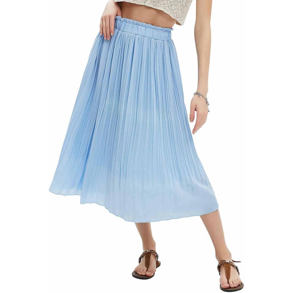 imageEXLURA Womens High Waist Polka Dot Pleated Maxi Skirt Midi Swing Skirt Beach Vacation Cruise Outfits with PocketsSolid Blue