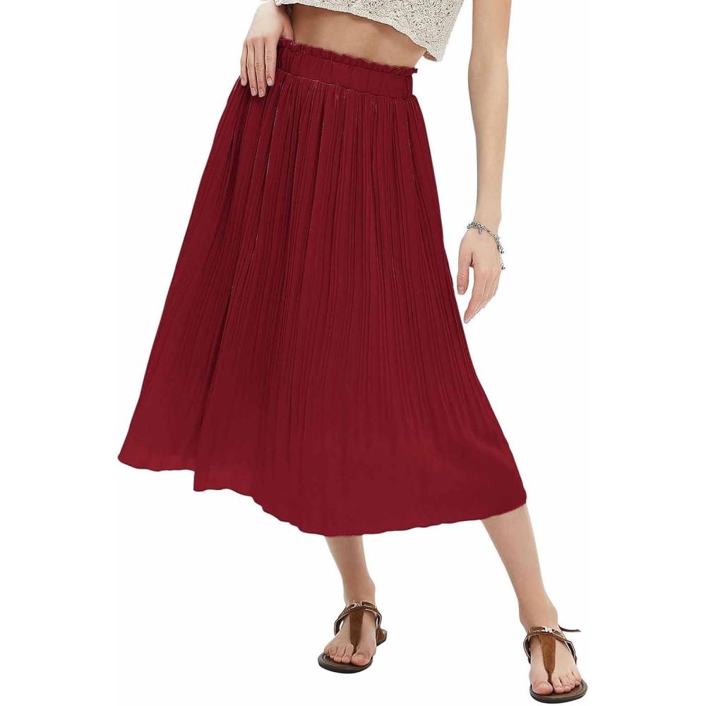 imageEXLURA Womens High Waist Polka Dot Pleated Maxi Skirt Midi Swing Skirt Beach Vacation Cruise Outfits with PocketsSolid Caramel