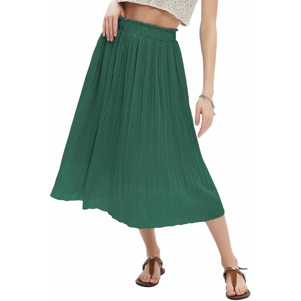 imageEXLURA Womens High Waist Polka Dot Pleated Maxi Skirt Midi Swing Skirt Beach Vacation Cruise Outfits with PocketsSolid Green