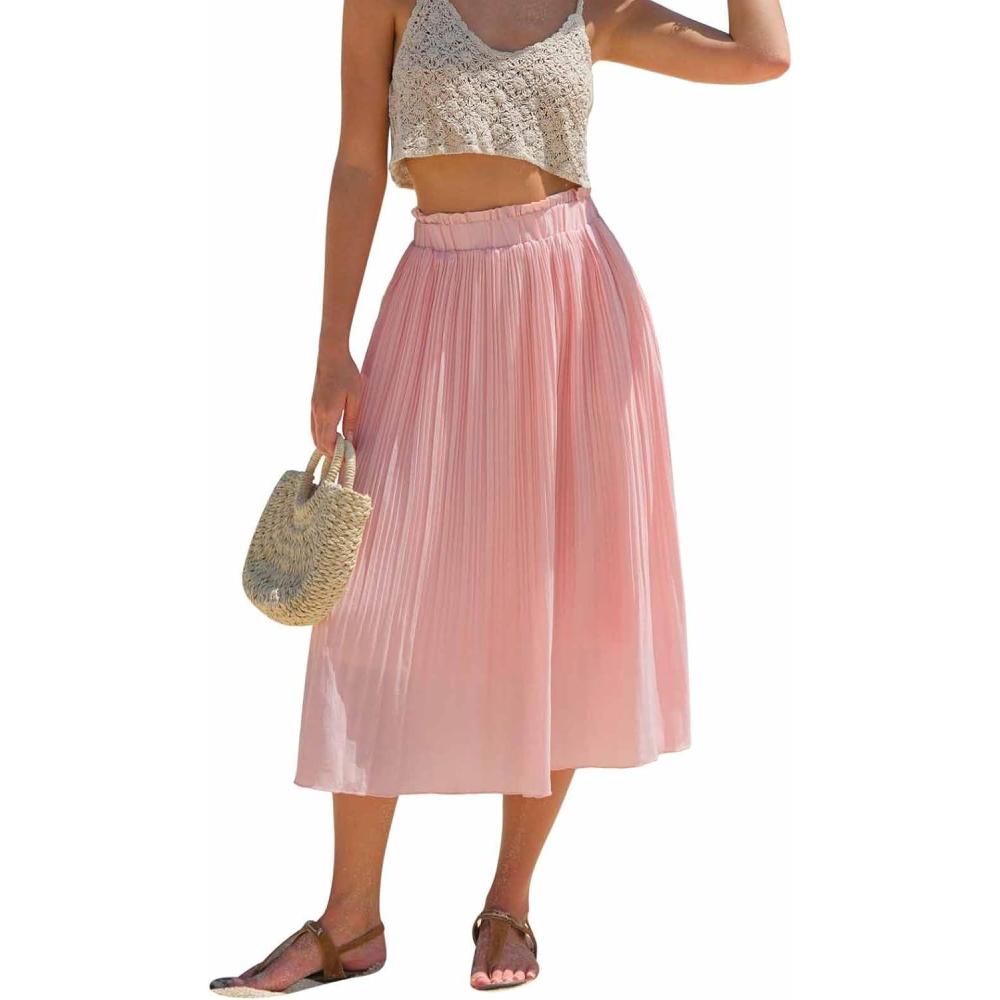 imageEXLURA Womens High Waist Polka Dot Pleated Maxi Skirt Midi Swing Skirt Beach Vacation Cruise Outfits with PocketsSolid Pink