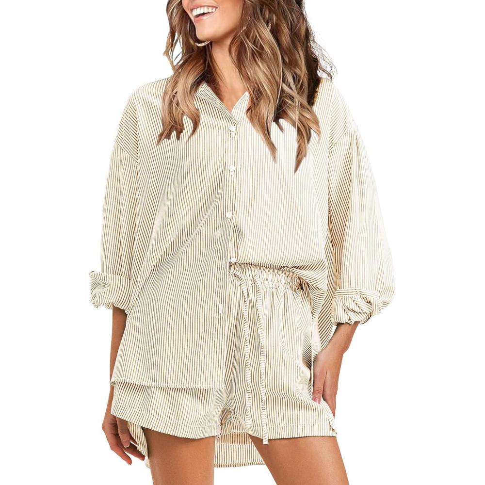 imageEXLURA Womens Summer 2 Piece Sets Long Sleeve Button Down Shirts Matching Short Sets Beach Vacation Cruise Outfits 2025Khaki