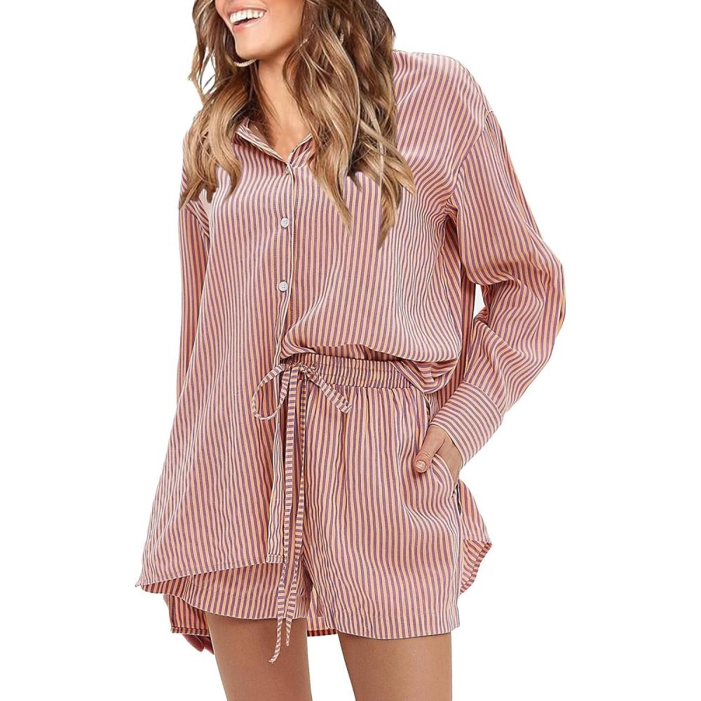 imageEXLURA Womens Summer 2 Piece Sets Long Sleeve Button Down Shirts Matching Short Sets Beach Vacation Cruise Outfits 2025Orange Purple