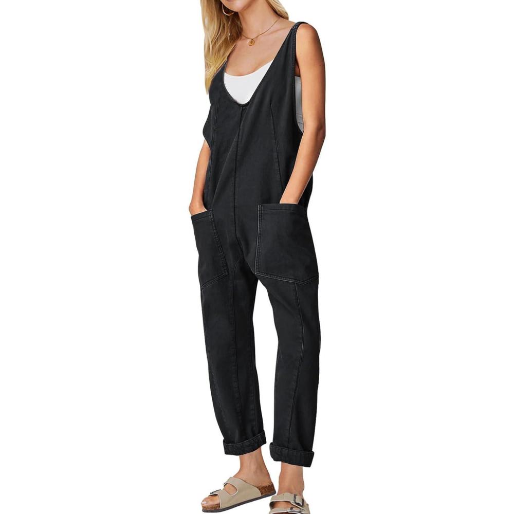 imageEXLURA Womens Summer High Roller Denim Bib Jumpsuits Casual Loose Overalls Baggy Jeans Romper with Pockets 2025 OutfitsBlack