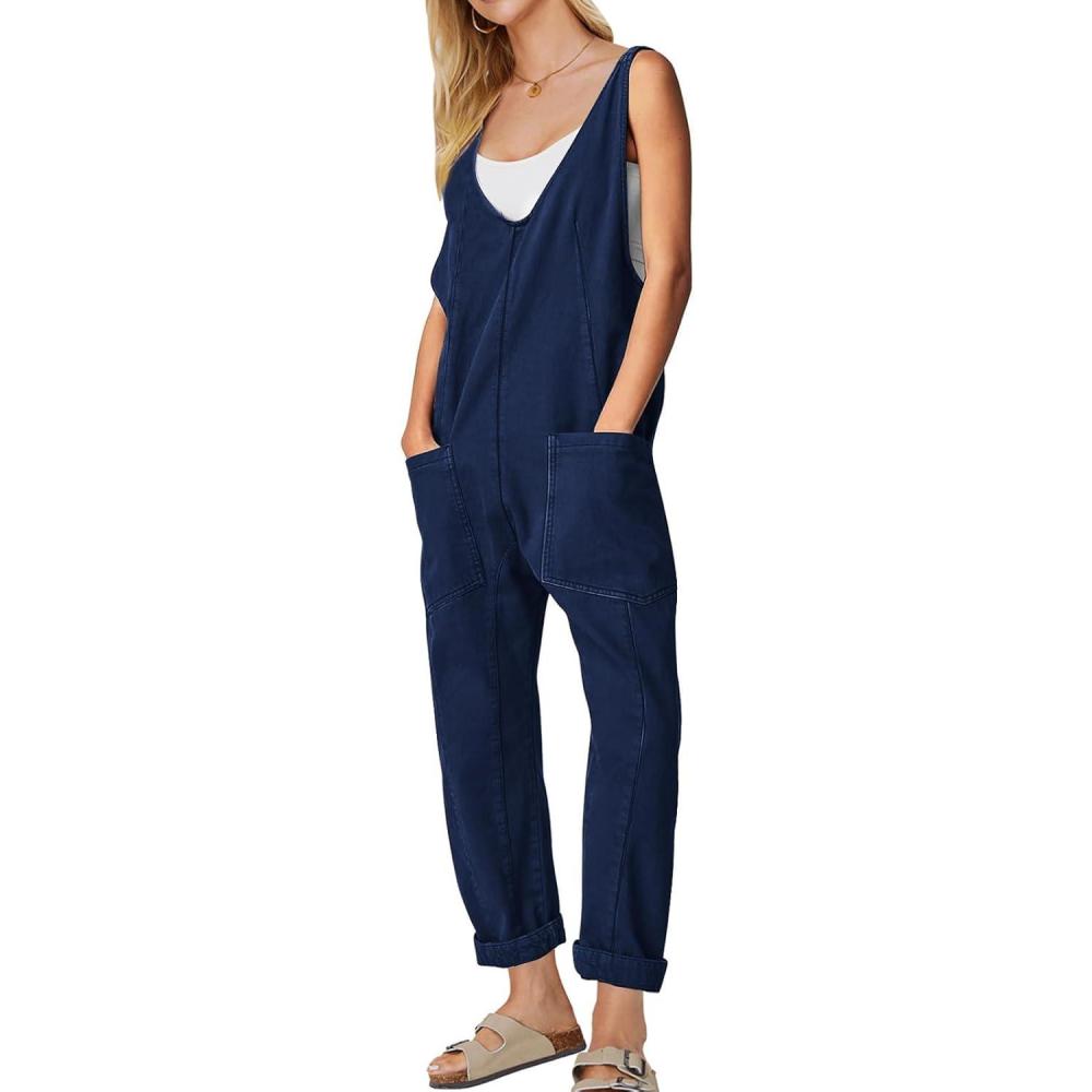 imageEXLURA Womens Summer High Roller Denim Bib Jumpsuits Casual Loose Overalls Baggy Jeans Romper with Pockets 2025 OutfitsDenim Blue