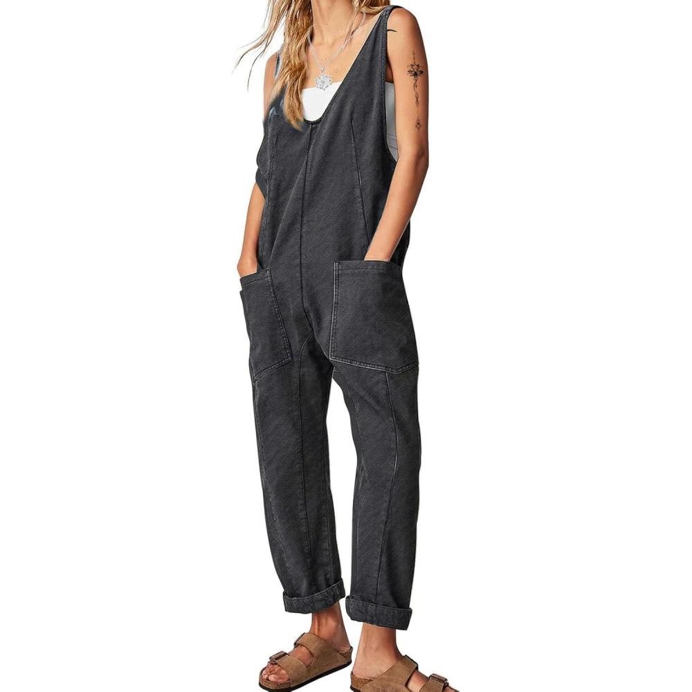 imageEXLURA Womens Summer High Roller Denim Bib Jumpsuits Casual Loose Overalls Baggy Jeans Romper with Pockets 2025 OutfitsDenim Grey