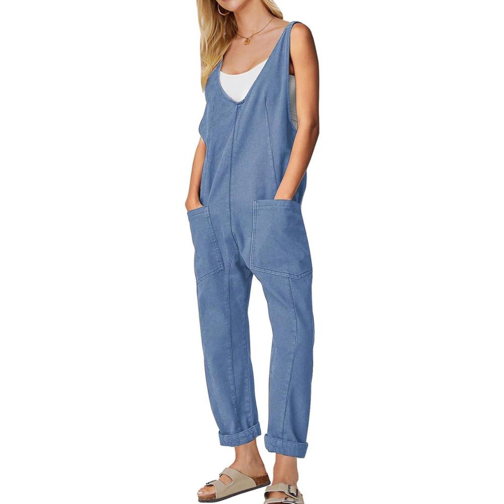 imageEXLURA Womens Summer High Roller Denim Bib Jumpsuits Casual Loose Overalls Baggy Jeans Romper with Pockets 2025 OutfitsDenim Light Blue