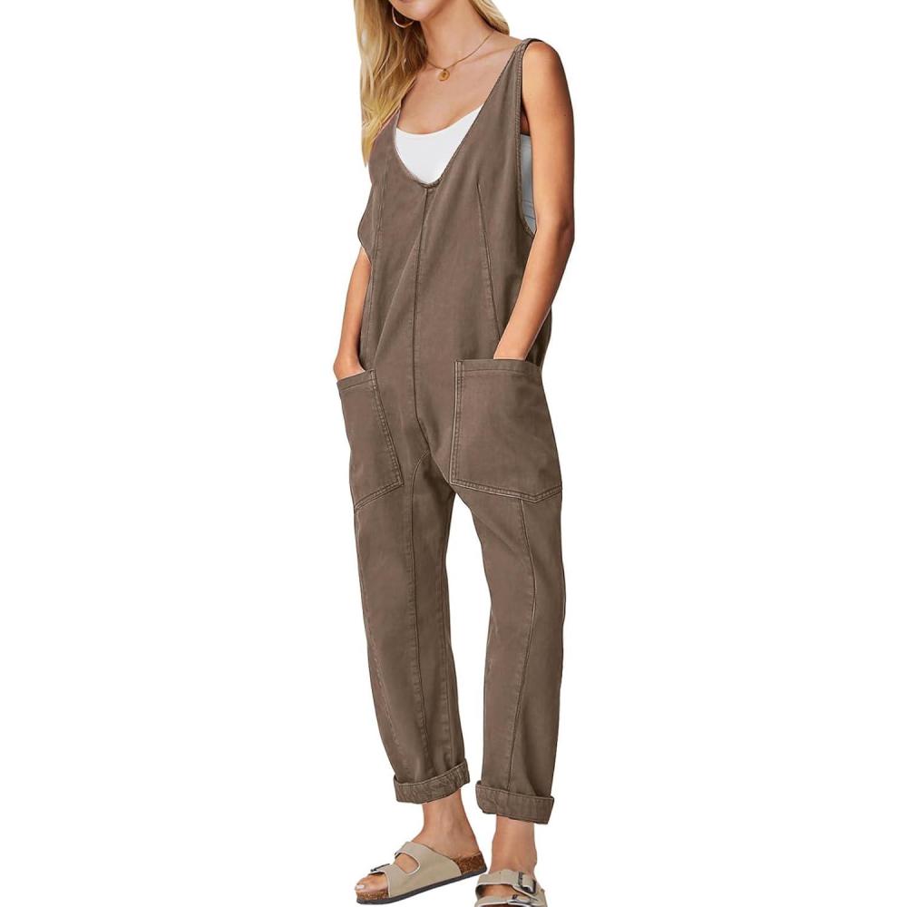 imageEXLURA Womens Summer High Roller Denim Bib Jumpsuits Casual Loose Overalls Baggy Jeans Romper with Pockets 2025 OutfitsKhaki