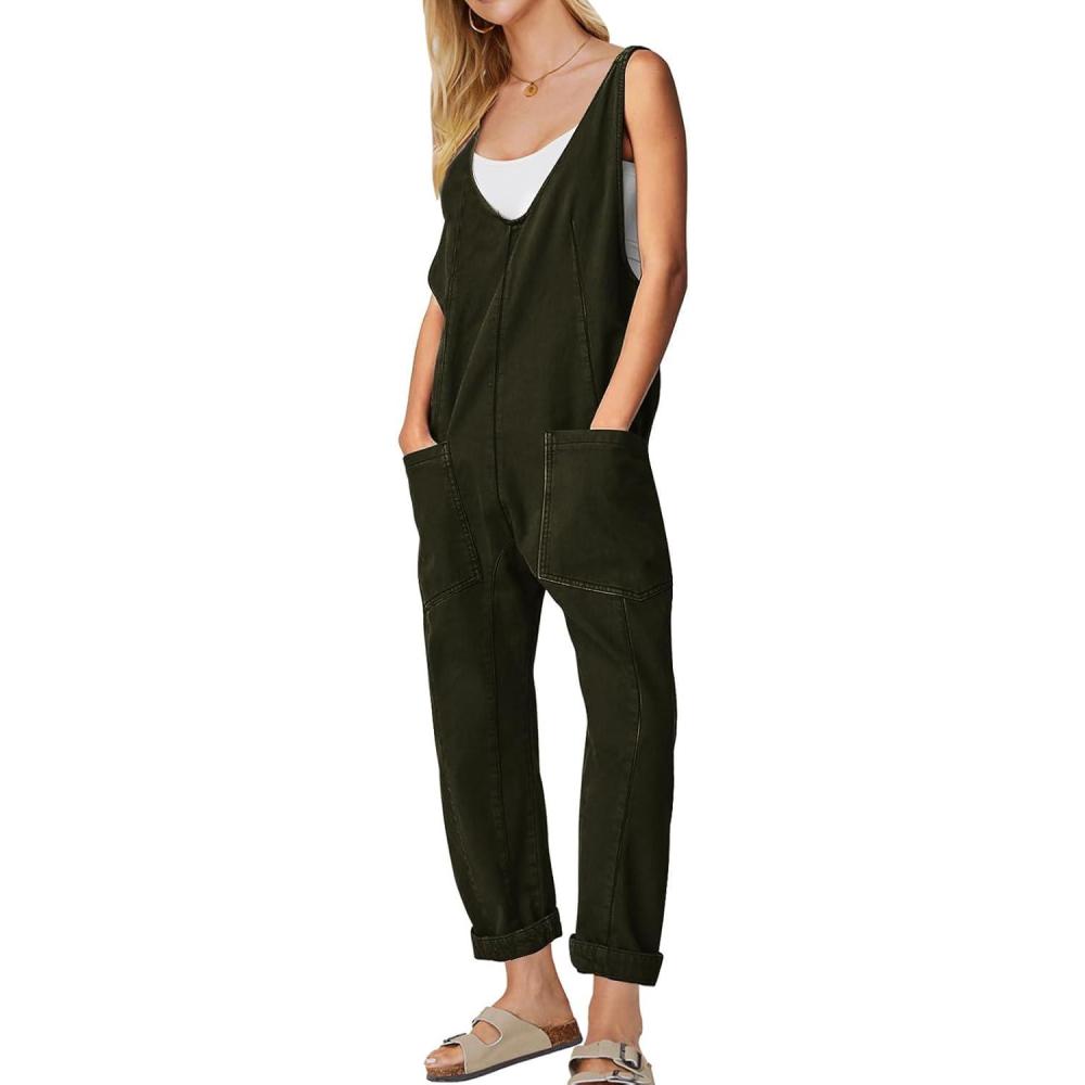 imageEXLURA Womens Summer High Roller Denim Bib Jumpsuits Casual Loose Overalls Baggy Jeans Romper with Pockets 2025 OutfitsOliver Green