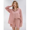 imageEXLURA Womens Summer 2 Piece Sets Long Sleeve Button Down Shirts Matching Short Sets Beach Vacation Cruise Outfits 2025Orange Purple