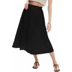 imageEXLURA Womens High Waist Polka Dot Pleated Maxi Skirt Midi Swing Skirt Beach Vacation Cruise Outfits with PocketsSolid Black