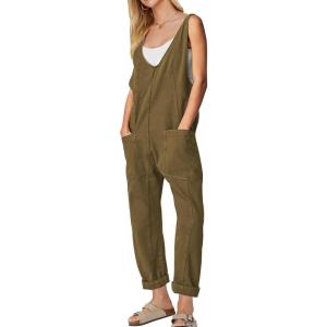 imageEXLURA Womens Summer High Roller Denim Bib Jumpsuits Casual Loose Overalls Baggy Jeans Romper with Pockets 2025 OutfitsArmy Green