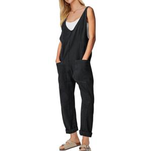 imageEXLURA Womens Summer High Roller Denim Bib Jumpsuits Casual Loose Overalls Baggy Jeans Romper with Pockets 2025 OutfitsBlack