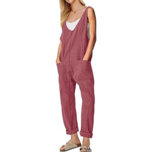 imageEXLURA Womens Summer High Roller Denim Bib Jumpsuits Casual Loose Overalls Baggy Jeans Romper with Pockets 2025 OutfitsDate Red