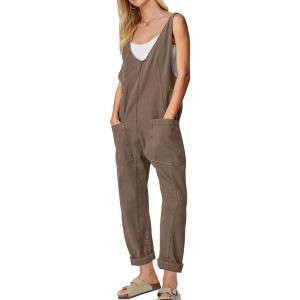 imageEXLURA Womens Summer High Roller Denim Bib Jumpsuits Casual Loose Overalls Baggy Jeans Romper with Pockets 2025 OutfitsKhaki
