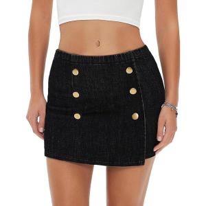 imageEXLURA Womens Button Bodycon Mini Skirt Sexy Night Club High Waist Elastic Y2K Trendy Short Plaid SkirtsDenim Black