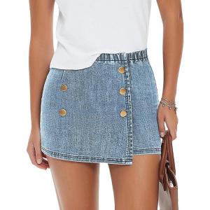 imageEXLURA Womens Button Bodycon Mini Skirt Sexy Night Club High Waist Elastic Y2K Trendy Short Plaid SkirtsDenim Light Blue