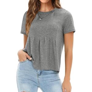 imageEXLURA Womens Summer Crewneck Short Tshirts Pleated Cropped Top Beach Vacation Outfit Business Casual Tops Trendy Blouse 2025Grey