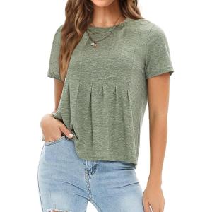 imageEXLURA Womens Summer Crewneck Short Tshirts Pleated Cropped Top Beach Vacation Outfit Business Casual Tops Trendy Blouse 2025Grey Green