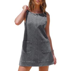 imageEXLURA Womens Sleeveless Denim Dress Casual Summer Crewneck A Line Overall Mini Dress Jean Jumper Pinafore with Pockets 2025Grey