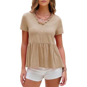 imageEXLURA Womens Summer Short Sleeve Peplum Babydoll Tops Cute V Neck T Shirts Beach Vacation Cruise Outfits Casual Tunics 2025Apricot