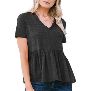 imageEXLURA Womens Summer Short Sleeve Peplum Babydoll Tops Cute V Neck T Shirts Beach Vacation Cruise Outfits Casual Tunics 2025Black