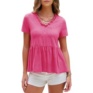 imageEXLURA Womens Summer Short Sleeve Peplum Babydoll Tops Cute V Neck T Shirts Beach Vacation Cruise Outfits Casual Tunics 2025Hot Pink