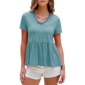 imageEXLURA Womens Summer Short Sleeve Peplum Babydoll Tops Cute V Neck T Shirts Beach Vacation Cruise Outfits Casual Tunics 2025Lake Blue