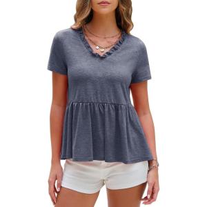 imageEXLURA Womens Summer Short Sleeve Peplum Babydoll Tops Cute V Neck T Shirts Beach Vacation Cruise Outfits Casual Tunics 2025Navy Blue