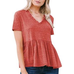 imageEXLURA Womens Summer Short Sleeve Peplum Babydoll Tops Cute V Neck T Shirts Beach Vacation Cruise Outfits Casual Tunics 2025Orange Red