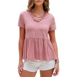 imageEXLURA Womens Summer Short Sleeve Peplum Babydoll Tops Cute V Neck T Shirts Beach Vacation Cruise Outfits Casual Tunics 2025Pink