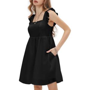 imageEXLURA Womens Summer Square Neck Sleeveless Casual Boho Ruffle Dress 2025 Backless Beach Teen Sundresses with PocketsBlack