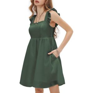 imageEXLURA Womens Summer Square Neck Sleeveless Casual Boho Ruffle Dress 2025 Backless Beach Teen Sundresses with PocketsDark Green