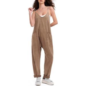 imageEXLURA Womens Casual Summer Jumpsuits 2025 Romper Bib Outfits Beach Vacation Denim Trendy Fashion Overalls with PocketsKhaki