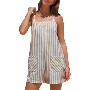 imageEXLURA Womens Summer Casual Sleeveless Romper Dress Loose Cotton Striped Shorts Overalls Jumpsuit Vacation Beach Outfits 2025Yellow