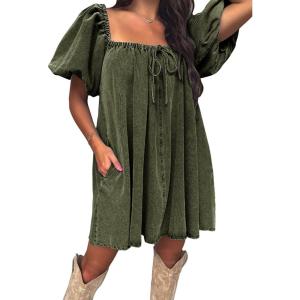 imageEXLURA Womens Summer Denim Short Puff Sleeve Dresses Knit Loose Plus Size Short Mini Dress 2025 Trendy OutfitArmy Green