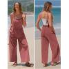 imageEXLURA Women Summer Overalls Denim Loose Fit Wide Leg Bib Jumpsuits Casual Adjustable Baggy Jeans Romper with Pockets 2025Date Red