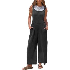imageEXLURA Women Summer Overalls Denim Loose Fit Wide Leg Bib Jumpsuits Casual Adjustable Baggy Jeans Romper with Pockets 2025Black