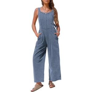 imageEXLURA Women Summer Overalls Denim Loose Fit Wide Leg Bib Jumpsuits Casual Adjustable Baggy Jeans Romper with Pockets 2025Blue