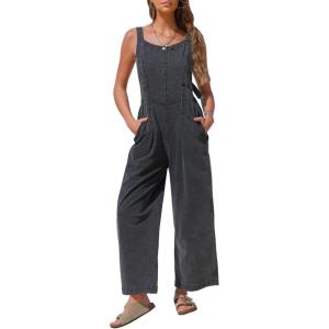 imageEXLURA Women Summer Overalls Denim Loose Fit Wide Leg Bib Jumpsuits Casual Adjustable Baggy Jeans Romper with Pockets 2025Grey