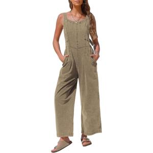 imageEXLURA Women Summer Overalls Denim Loose Fit Wide Leg Bib Jumpsuits Casual Adjustable Baggy Jeans Romper with Pockets 2025Khaki