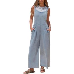 imageEXLURA Women Summer Overalls Denim Loose Fit Wide Leg Bib Jumpsuits Casual Adjustable Baggy Jeans Romper with Pockets 2025Light Blue