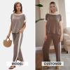 imageEXLURA Womens Summer 2 Piece Outfits Color Block Short Sleeve Tops Tracksuit Wide Leg Pants Matching Set Lounge Sets 2025Coffee