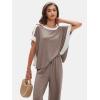 imageEXLURA Womens Summer 2 Piece Outfits Color Block Short Sleeve Tops Tracksuit Wide Leg Pants Matching Set Lounge Sets 2025Coffee