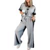 imageEXLURA Womens Summer 2 Piece Outfits Color Block Short Sleeve Tops Tracksuit Wide Leg Pants Matching Set Lounge Sets 2025Grey