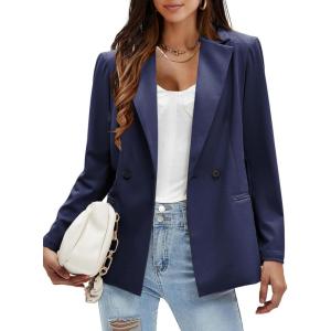 imageEXLURA Womens Business Casual Blazers Lightweight Long Sleeve Knit Lapel Loose Fit Work Office Suit Jackets with Pocket 2025Dark Blue