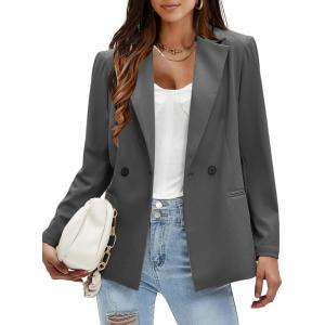 imageEXLURA Womens Business Casual Blazers Lightweight Long Sleeve Knit Lapel Loose Fit Work Office Suit Jackets with Pocket 2025Dark Grey